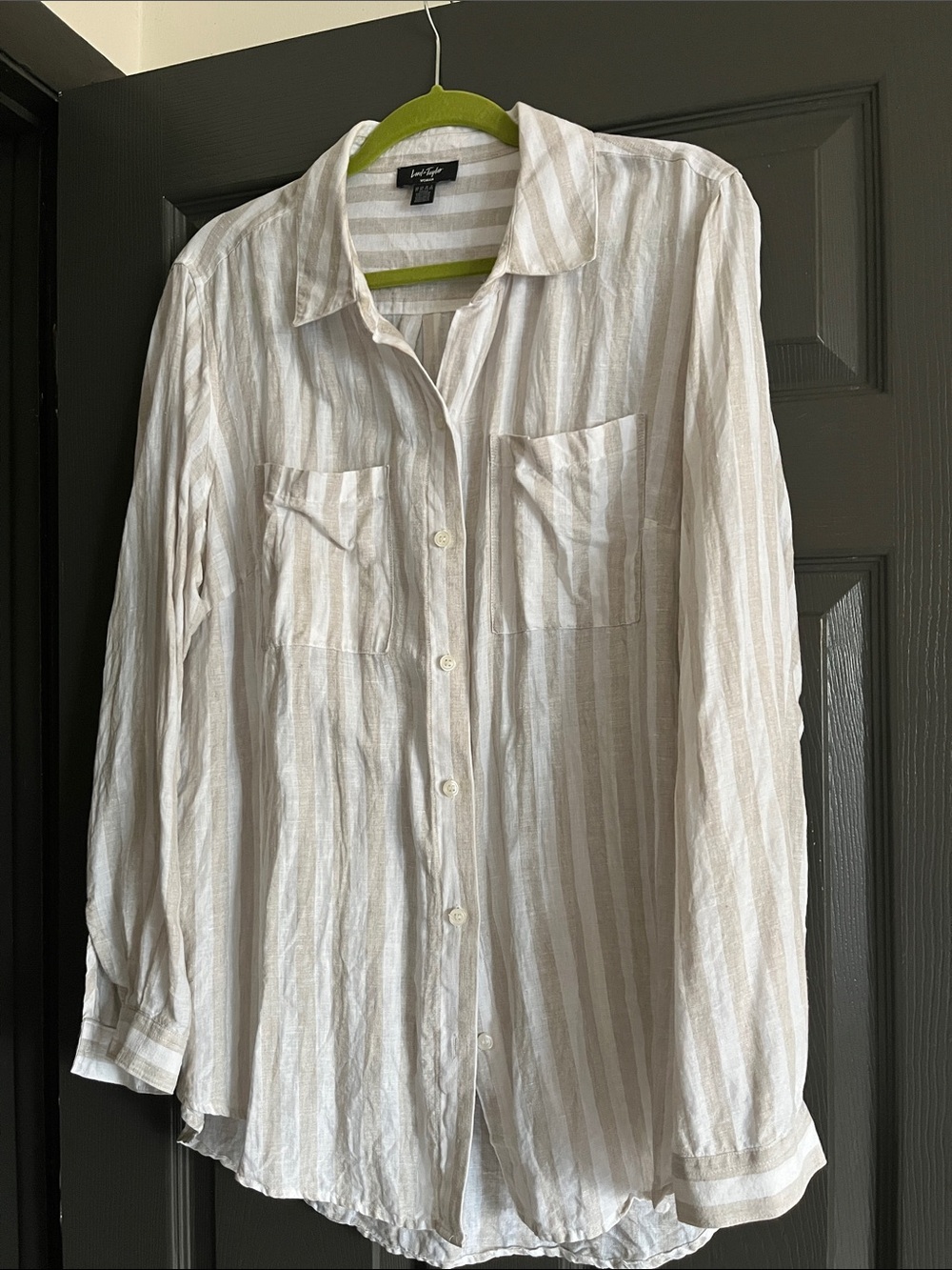 Lord & Taylor Linen Cream and White Striped Button-Up Blouse